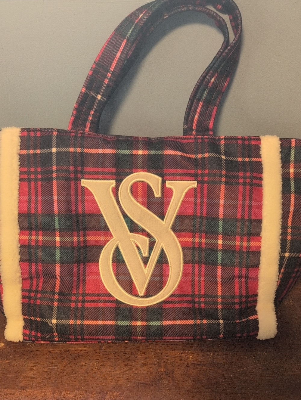 Victoria's Secret Red and Green Plaid Tote with Monogram